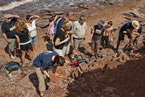 Palaeontologists from the Nova Scotia Museum, Fundy Geological Museum, and the Joggins Fossil Institute along with the members of the Keating families, who discovered the fossils, at the dig site.