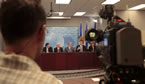 Premier Darrell Dexter and members of the commission respond to questions from the media during the announcement.