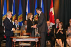 Premier Stephen McNeil welcomes deputy premier and Finance Minister Diana Whalen to executive council.
