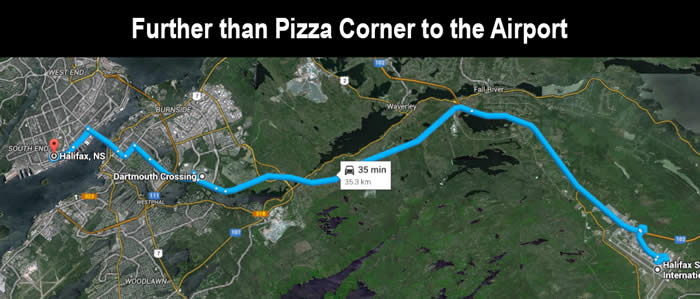 Map:  More than the distance from Pizza Corner to the airport. 