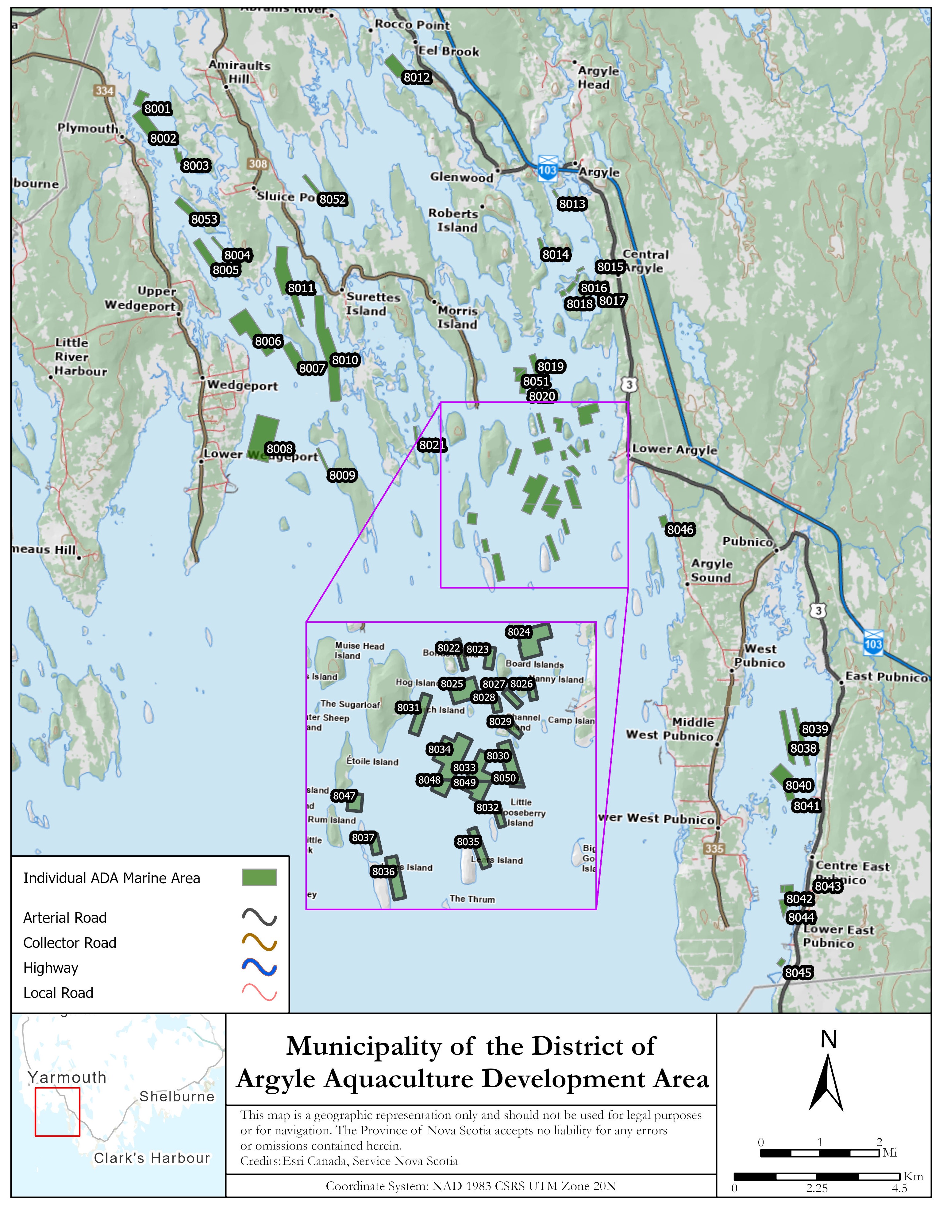 Graphic showing map of the Municipality of the District of Argyle Aquaculture Development Area