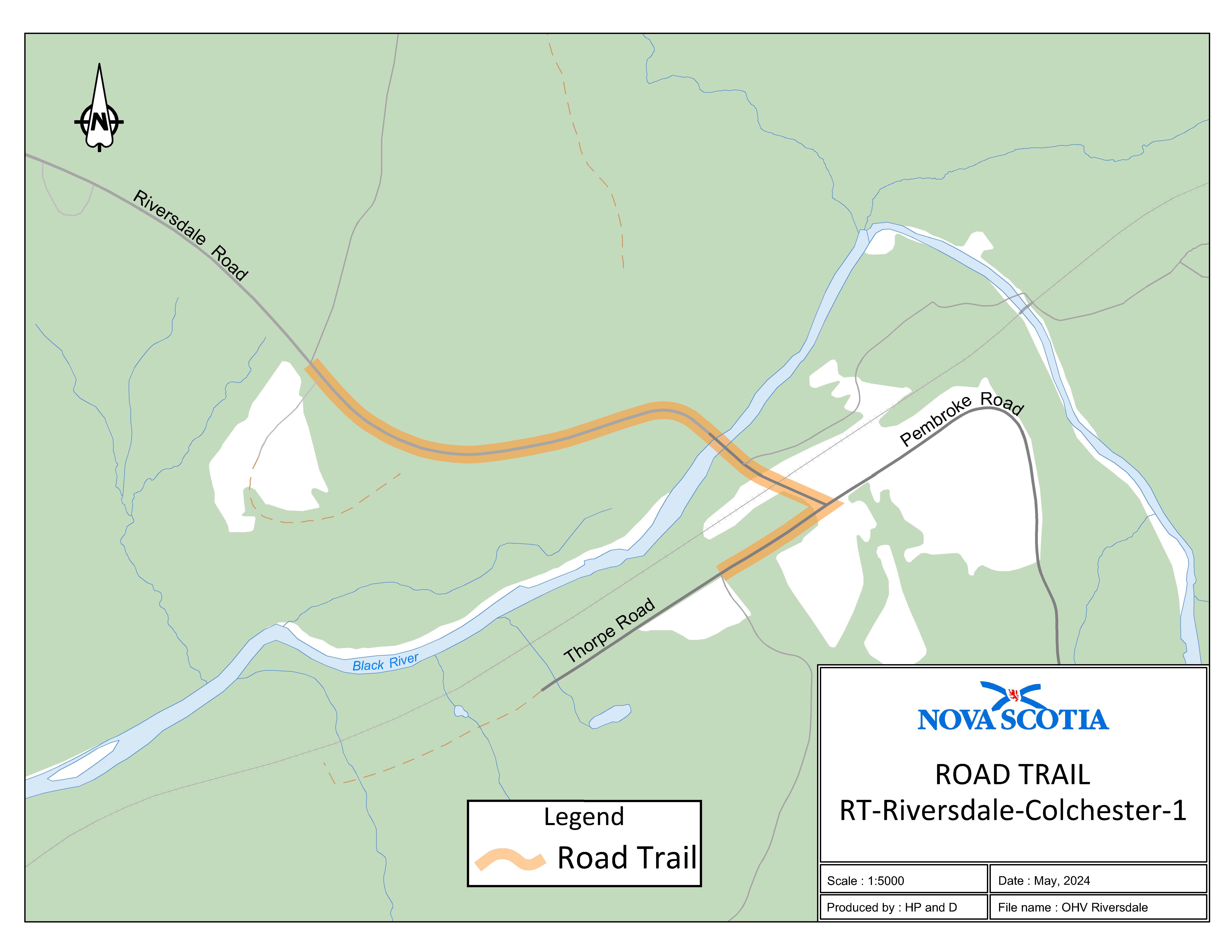 Graphic showing map of the Riversdale, Colchester County Road Trail