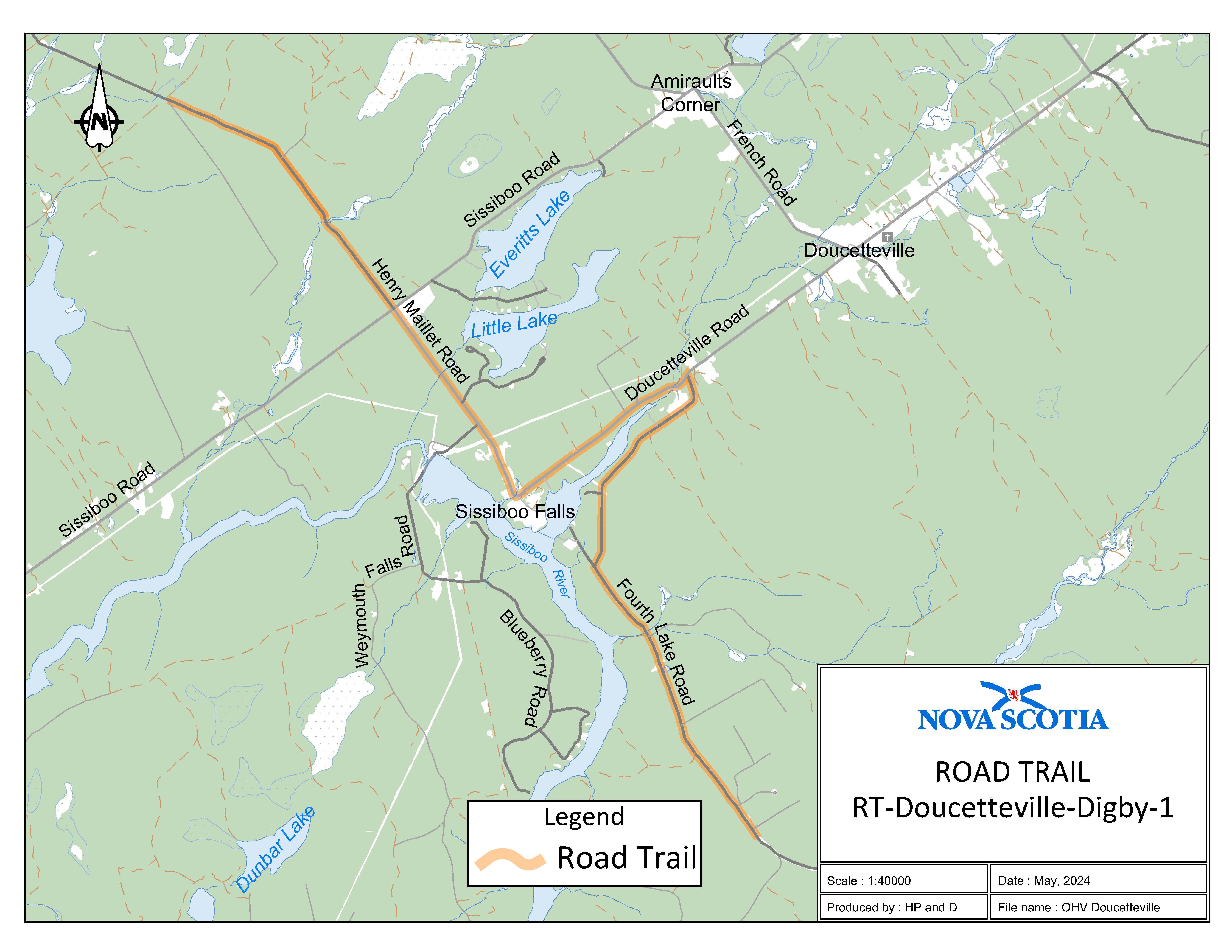 Graphic showing map of Doucetteville, Digby County Road Trail