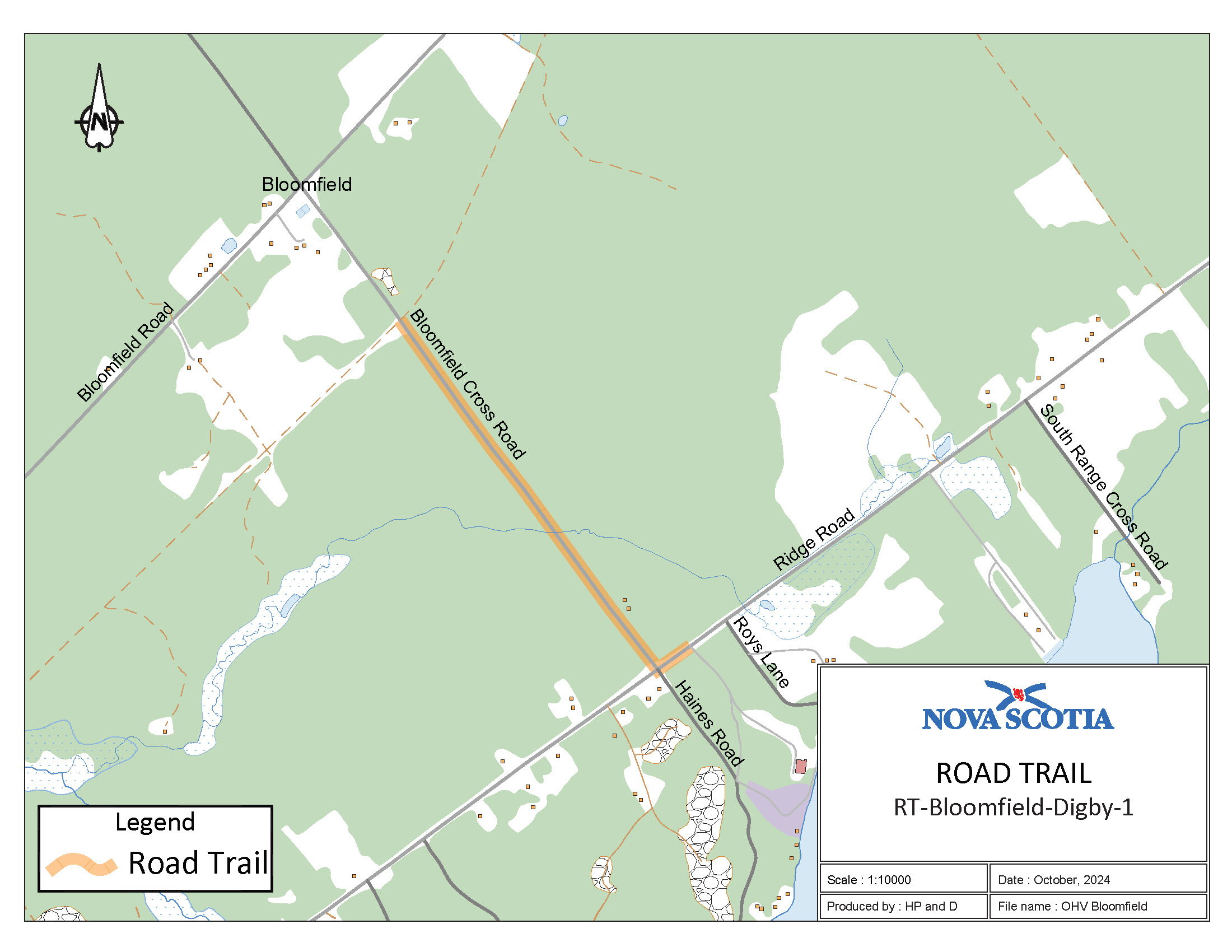 Graphic showing map of Bloomfield Cross Road, Digby County Road Trail