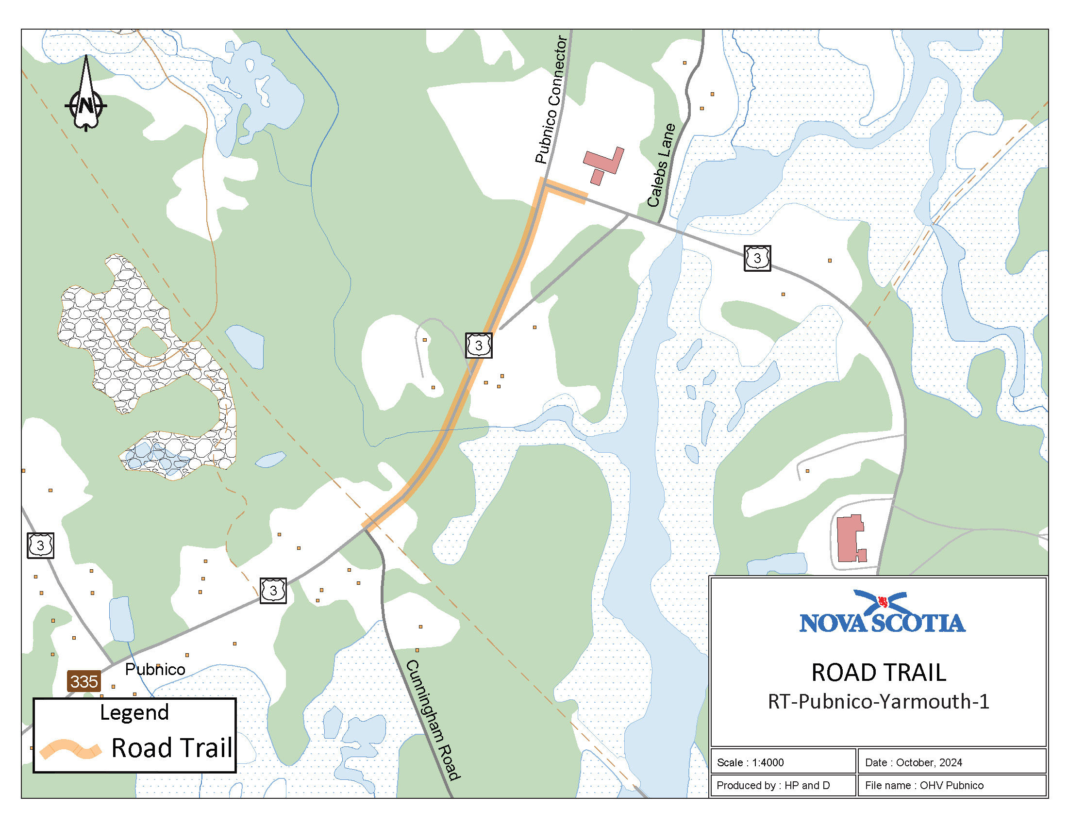 Graphic showing map of Pubnico, Yarmouth County Road Trail