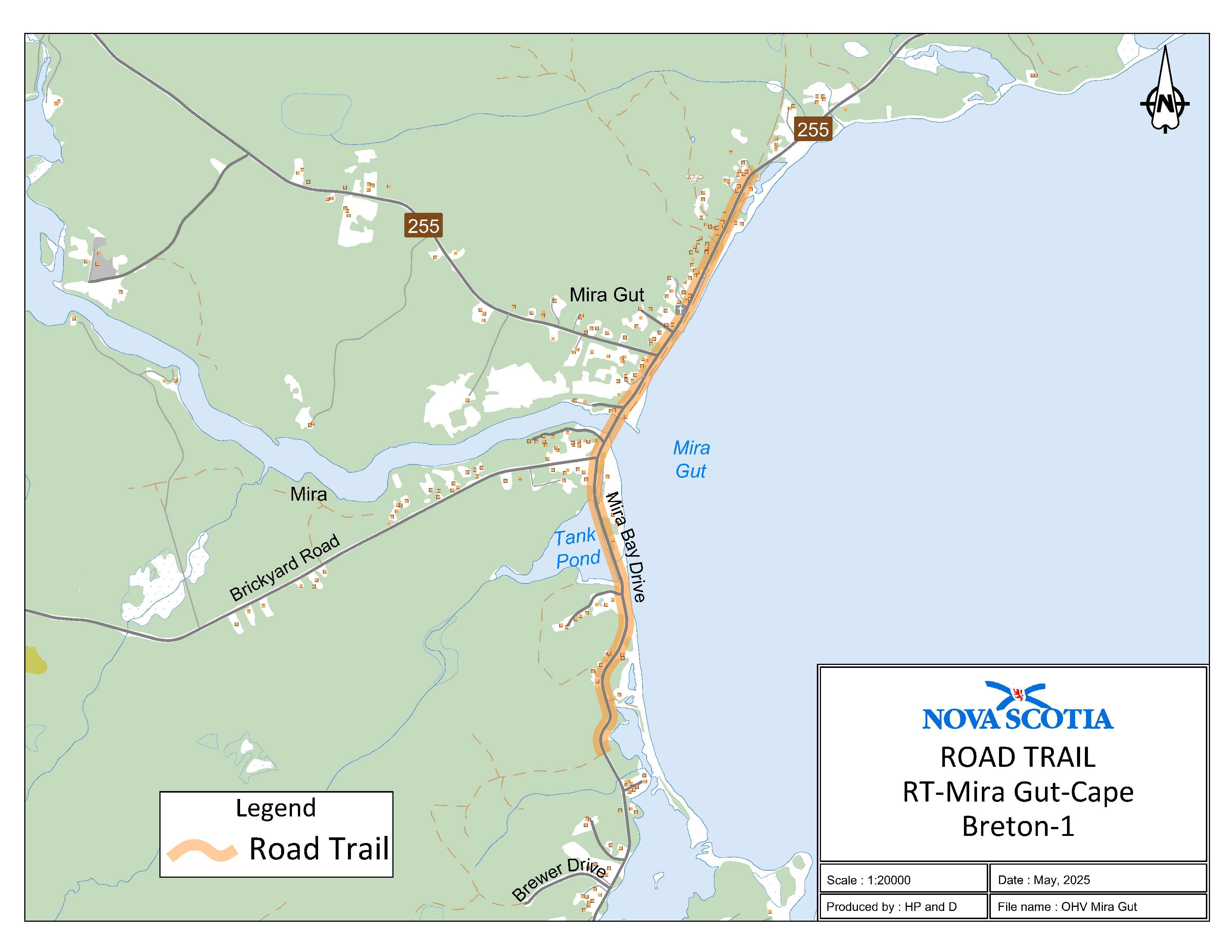 Graphic showing map of Mira Gut, Cape Breton Regional Municipality Road Trail