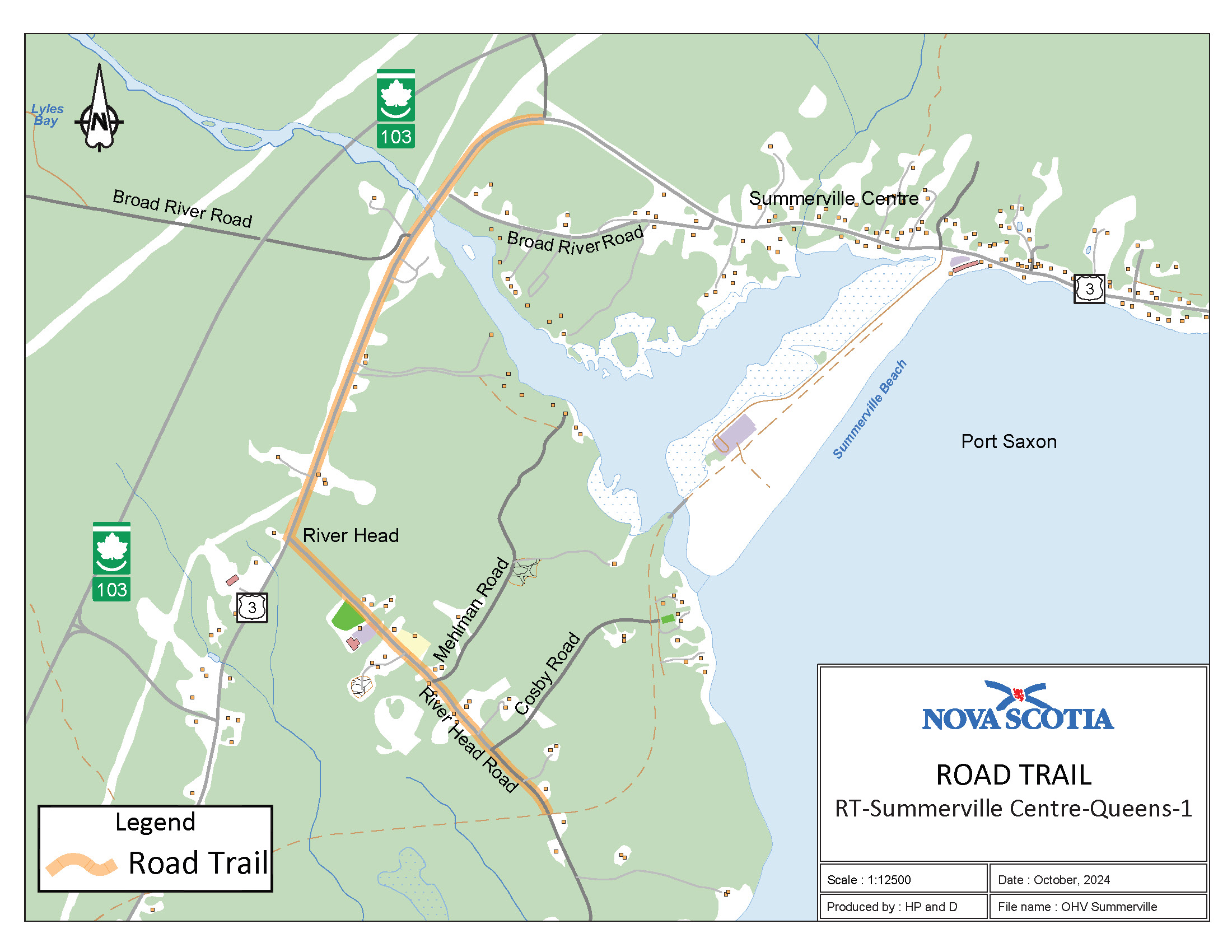 Graphic showing map of Summerville, Queens County Road Trail