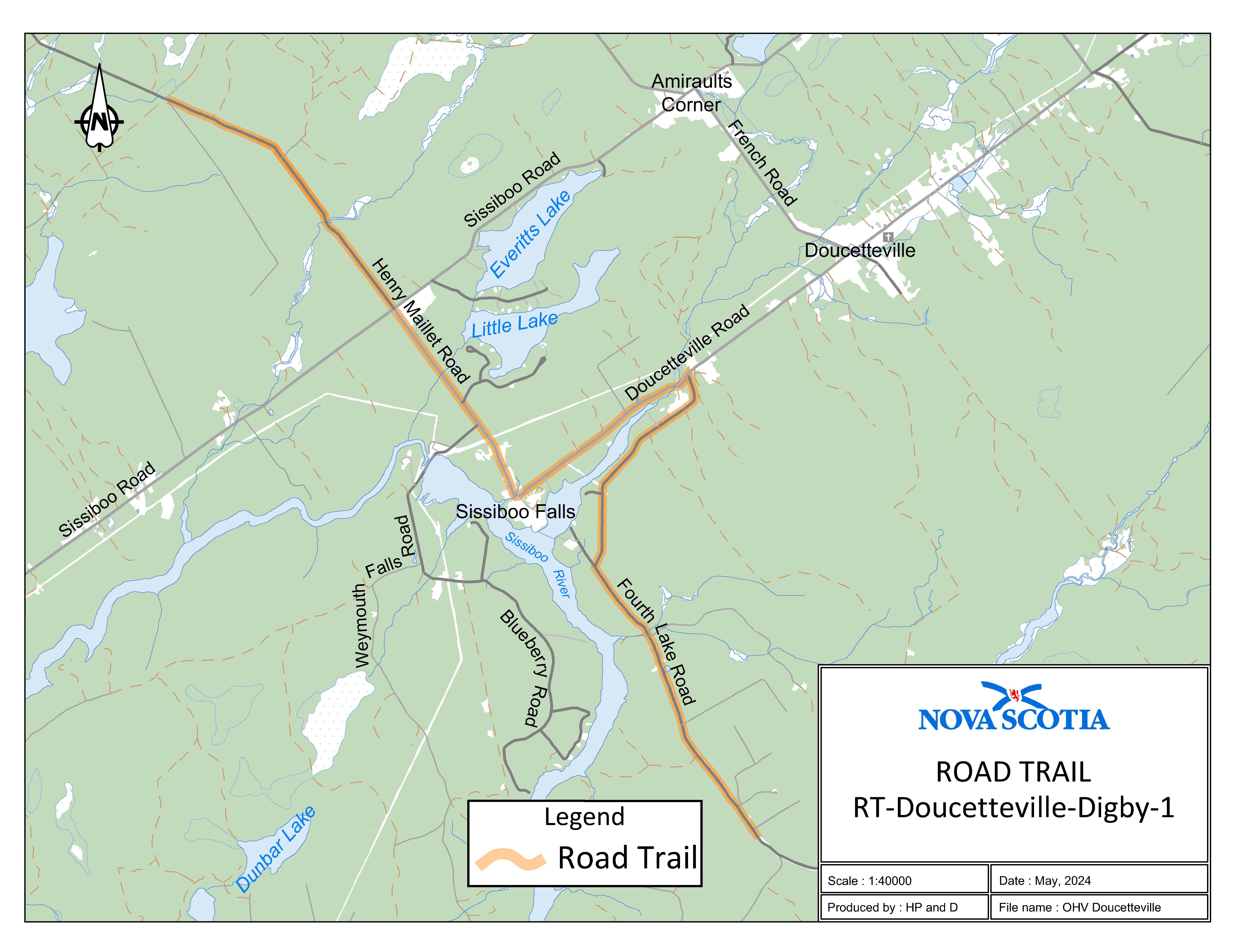 Graphic showing map of the Doucetteville, Digby County Road Trail