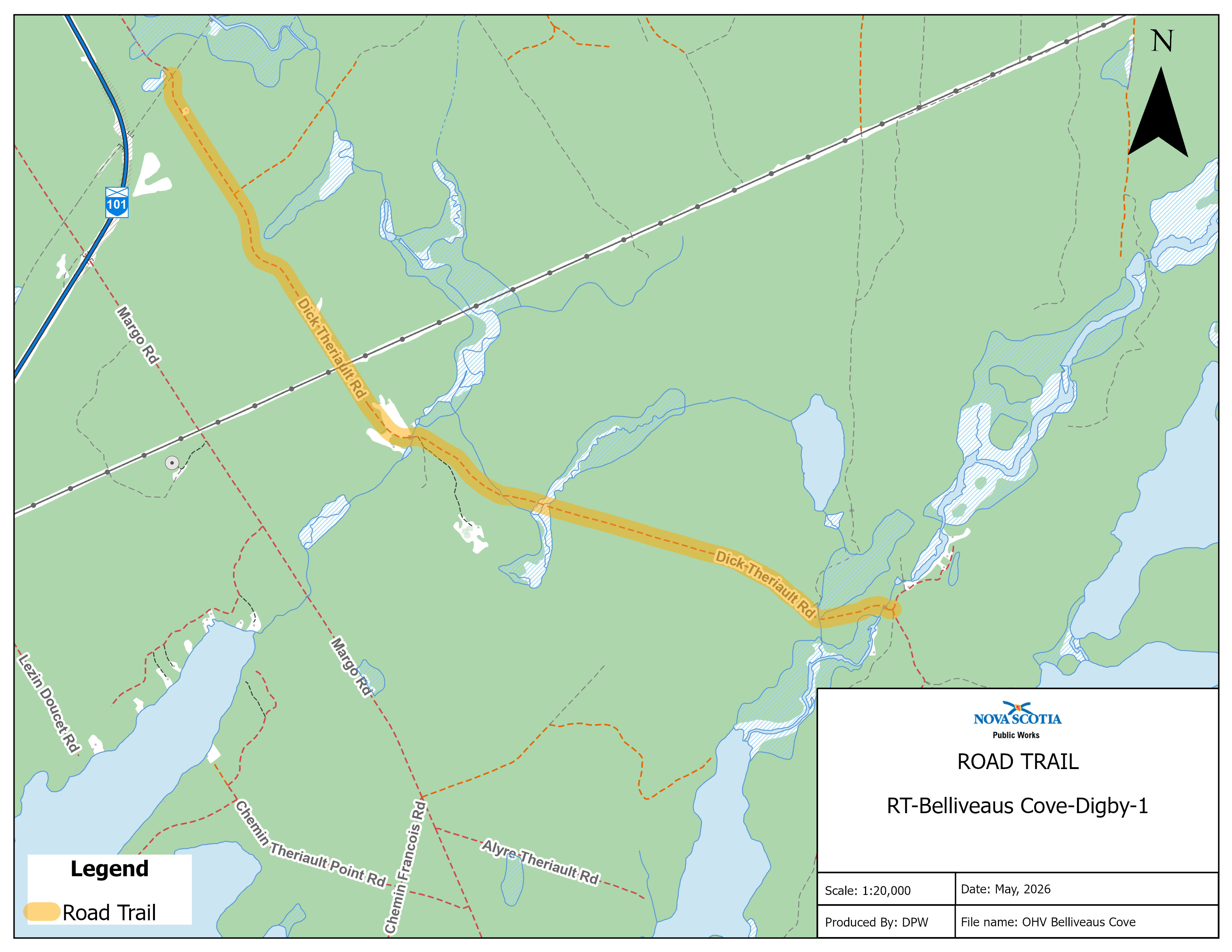 Graphic showing map of road trail in Belliveaus Cove