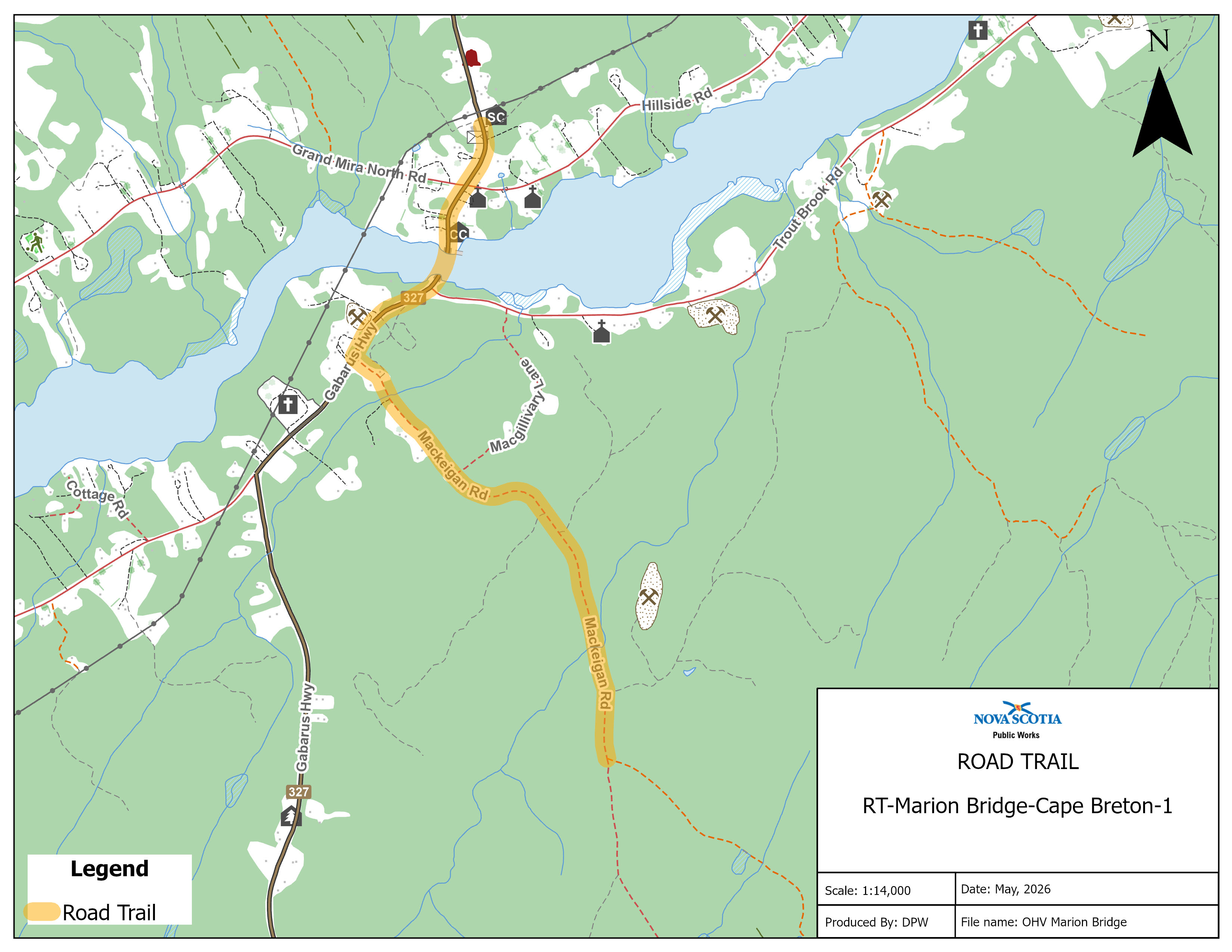 Graphic showing map of a road trail in Marion Bridge