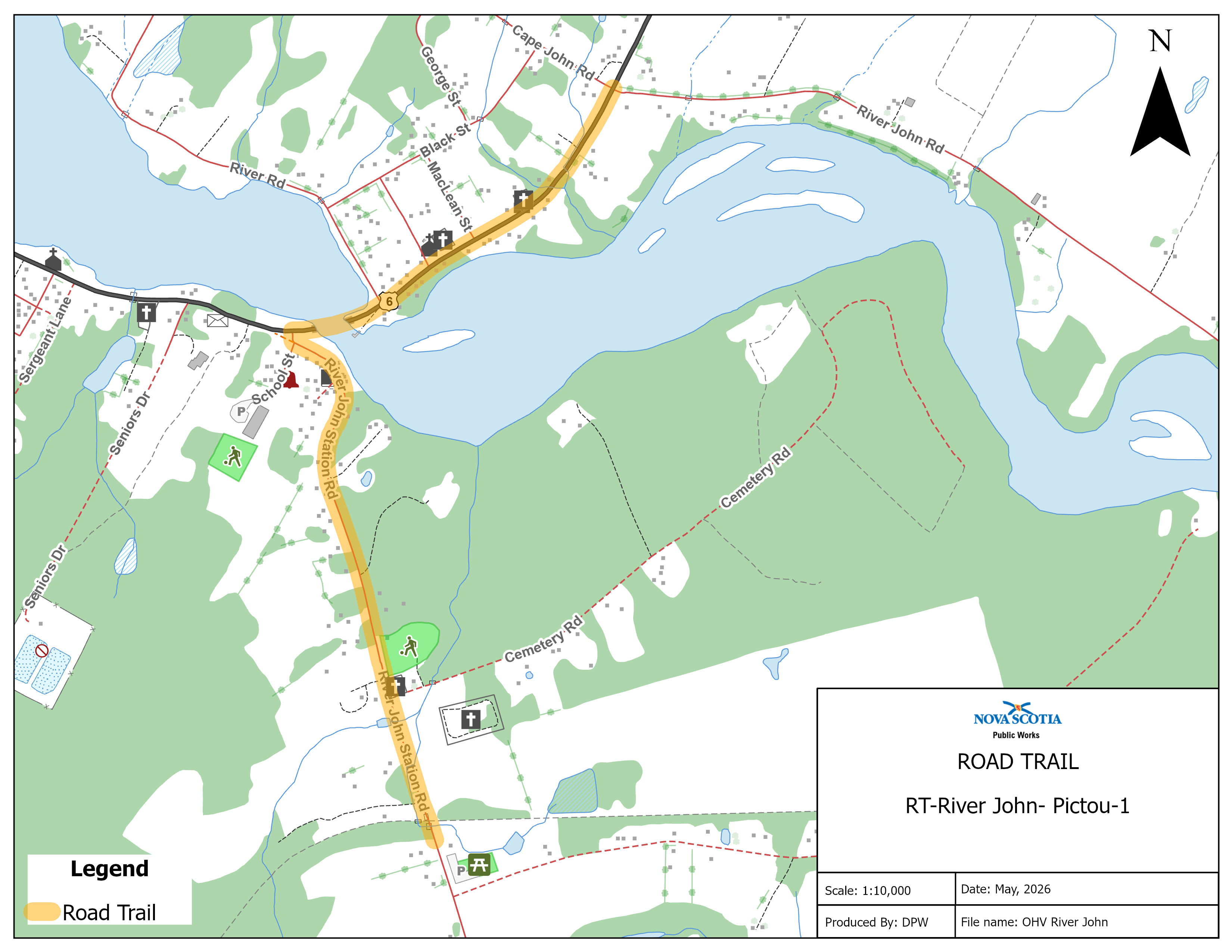 Graphic showing map of a road trail in River John
