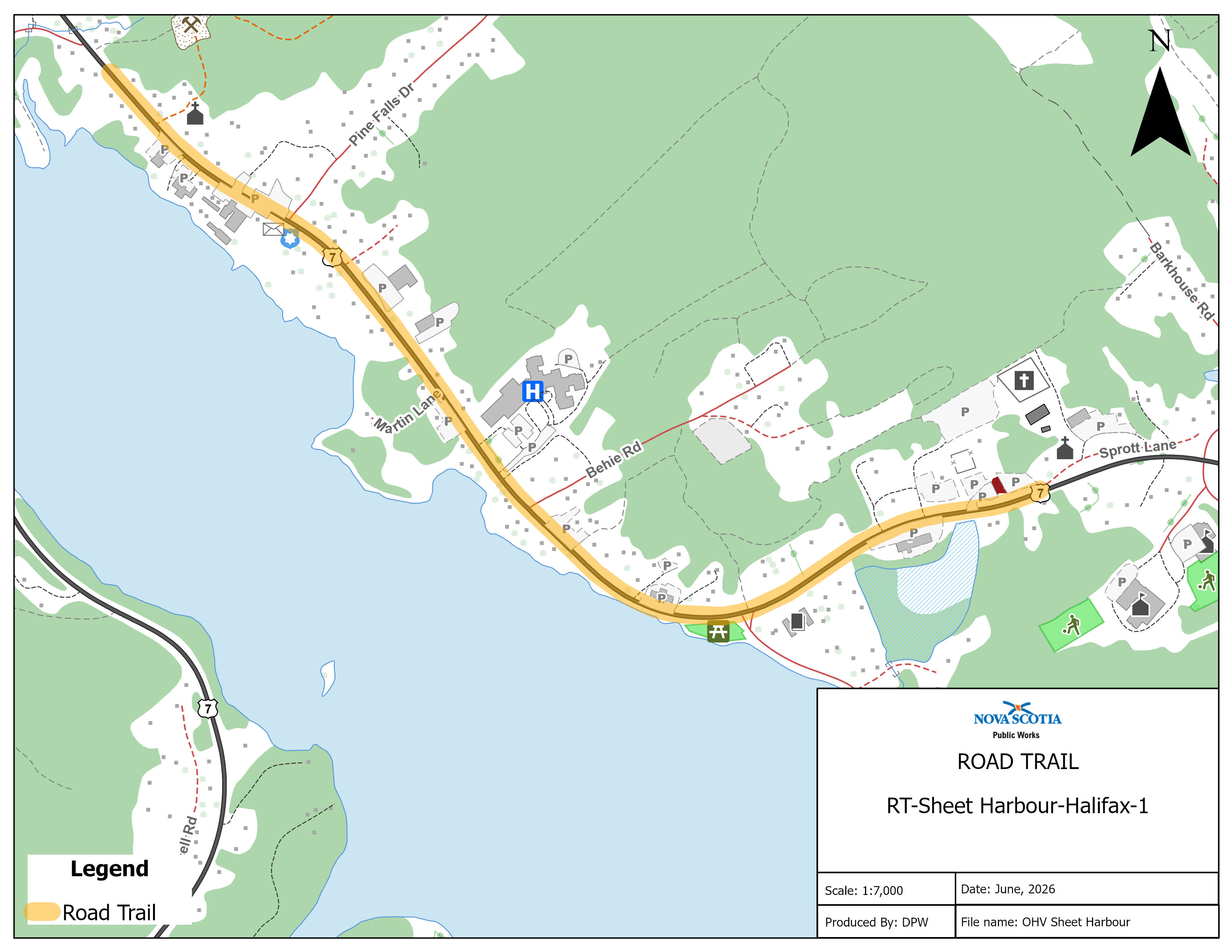 Graphic showing map of a road trail in Sheet Harbour