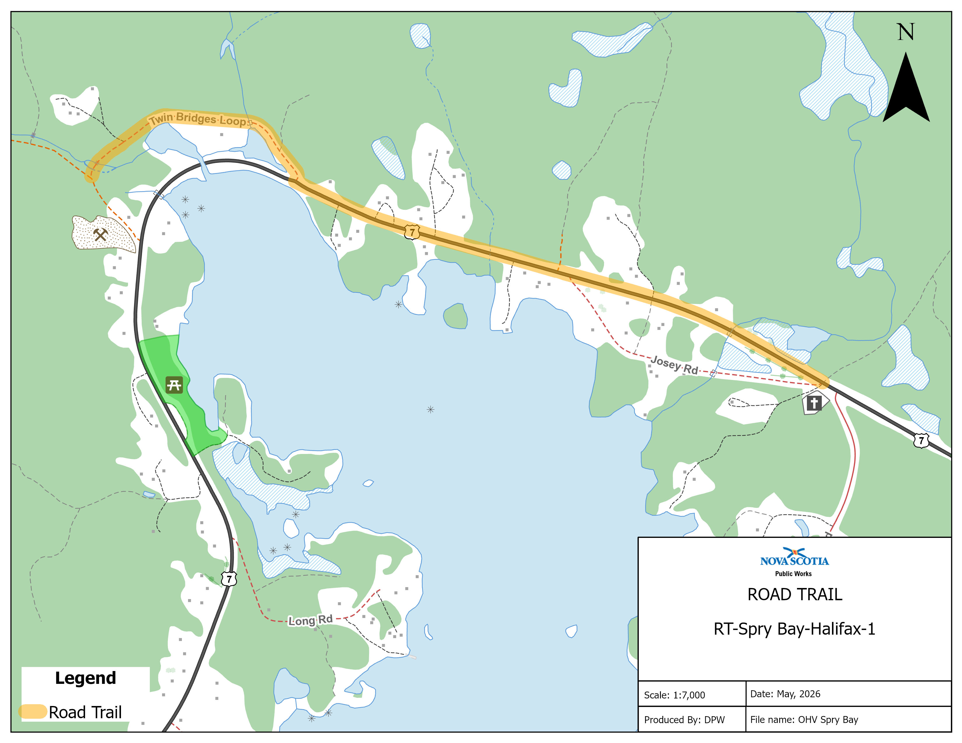 Graphic showing map of a road trail in Spry Bay
