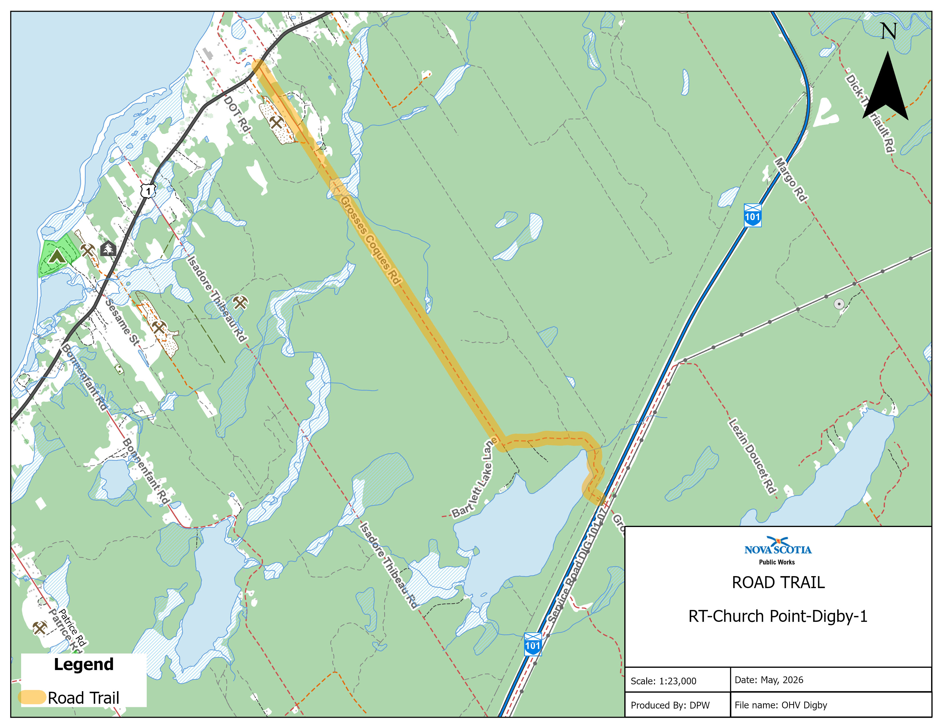 Graphic showing map of a road trail in Church Point