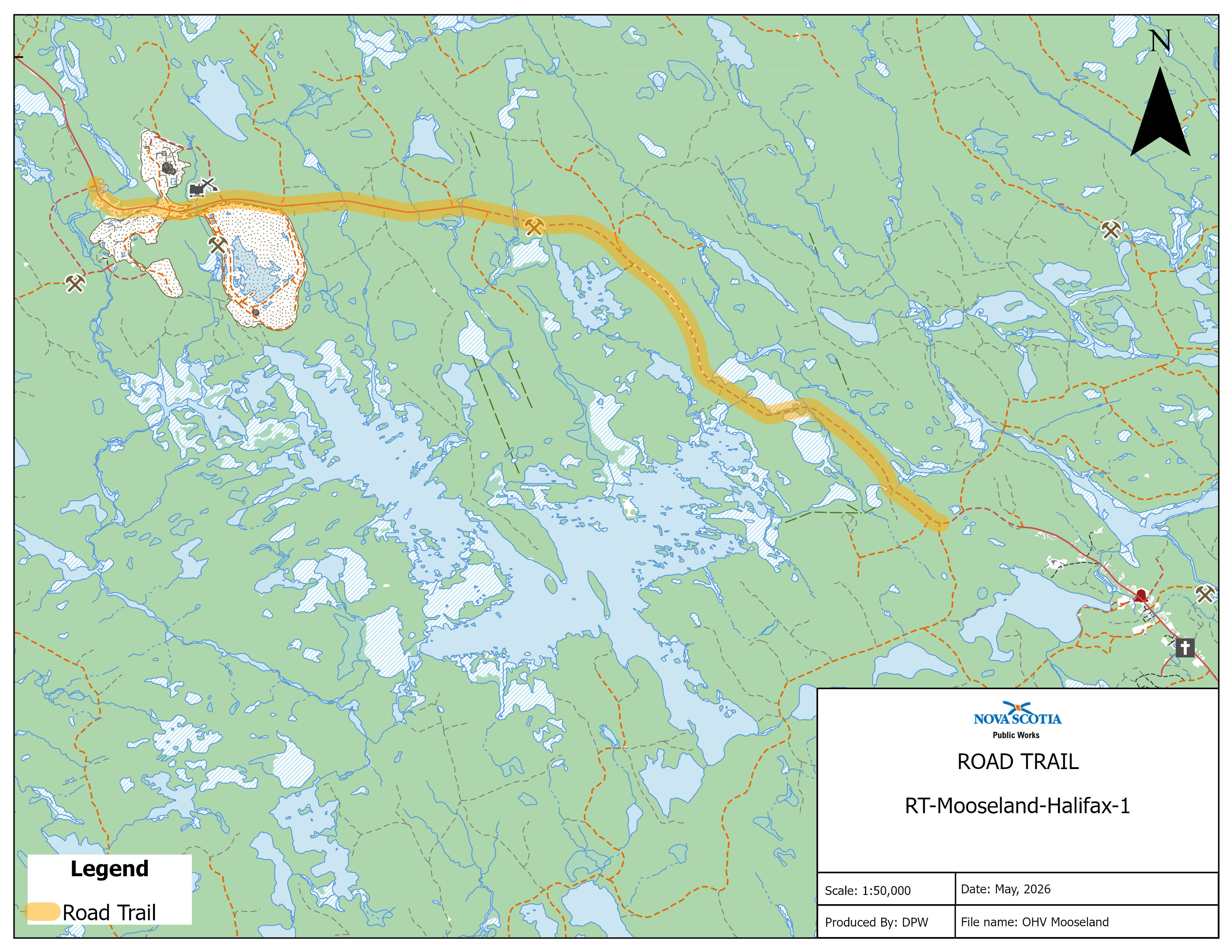 Graphic showing map of a road trail on Moosland Road