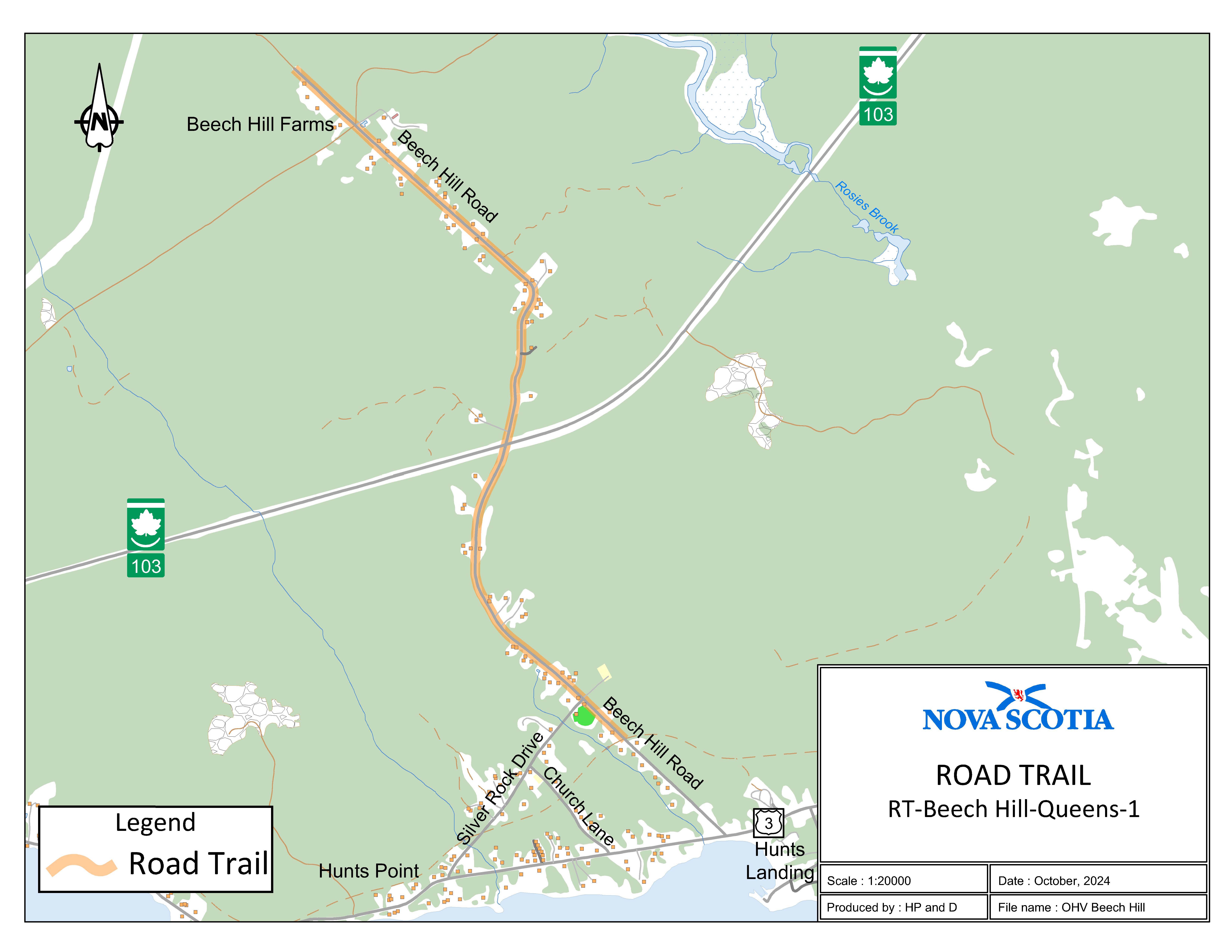 Graphic showing map of Beech Hill Road, Queens County Road Trail