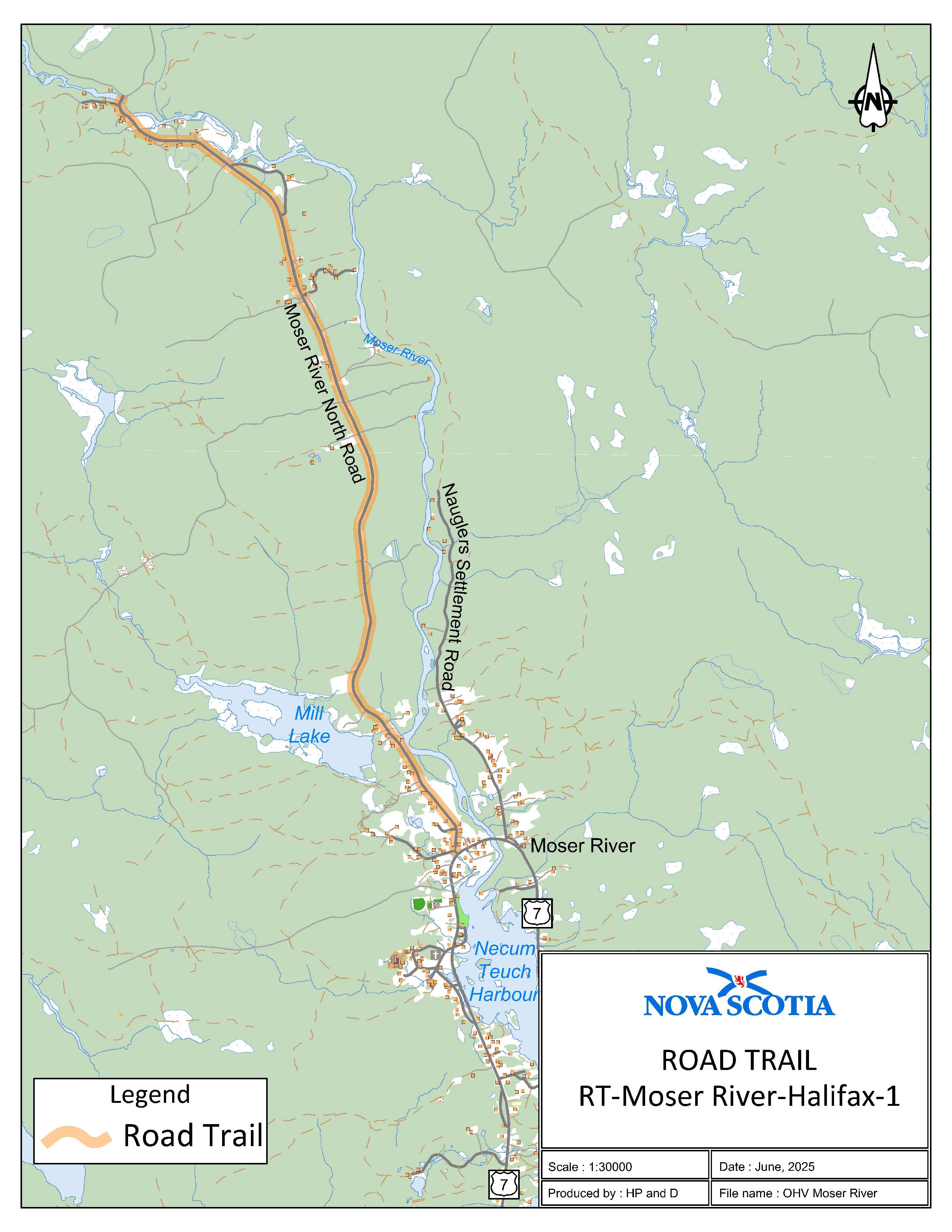 Graphic showing map of Moser River, Halifax Regional Municipality Road Trail