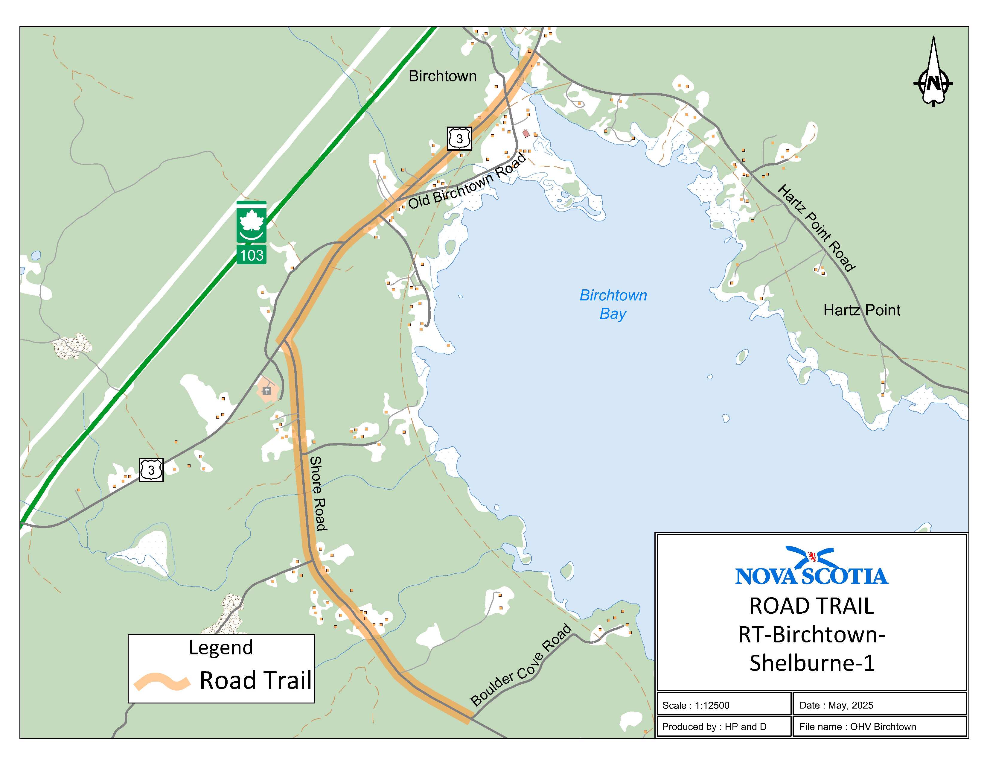 Graphic showing map of Birchtown, Shelburne County Road Trail
