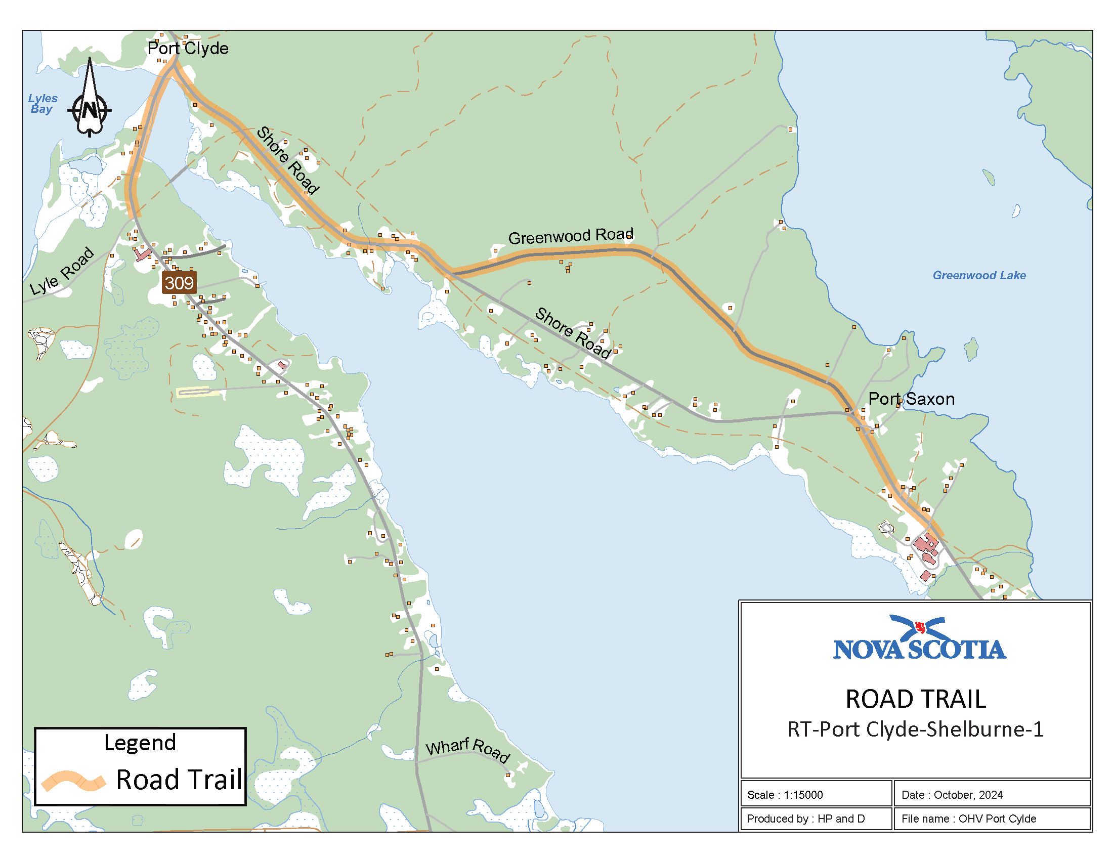 Graphic showing map of Port Clyde, Shelburne County Road Trail