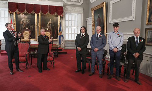 Premier Tim Houston and Mr Tom Steele, Medal of Bravery Advisory Committee Chairperson congratulate the 2023 Nova Scotia Medal of Bravery Recipients.