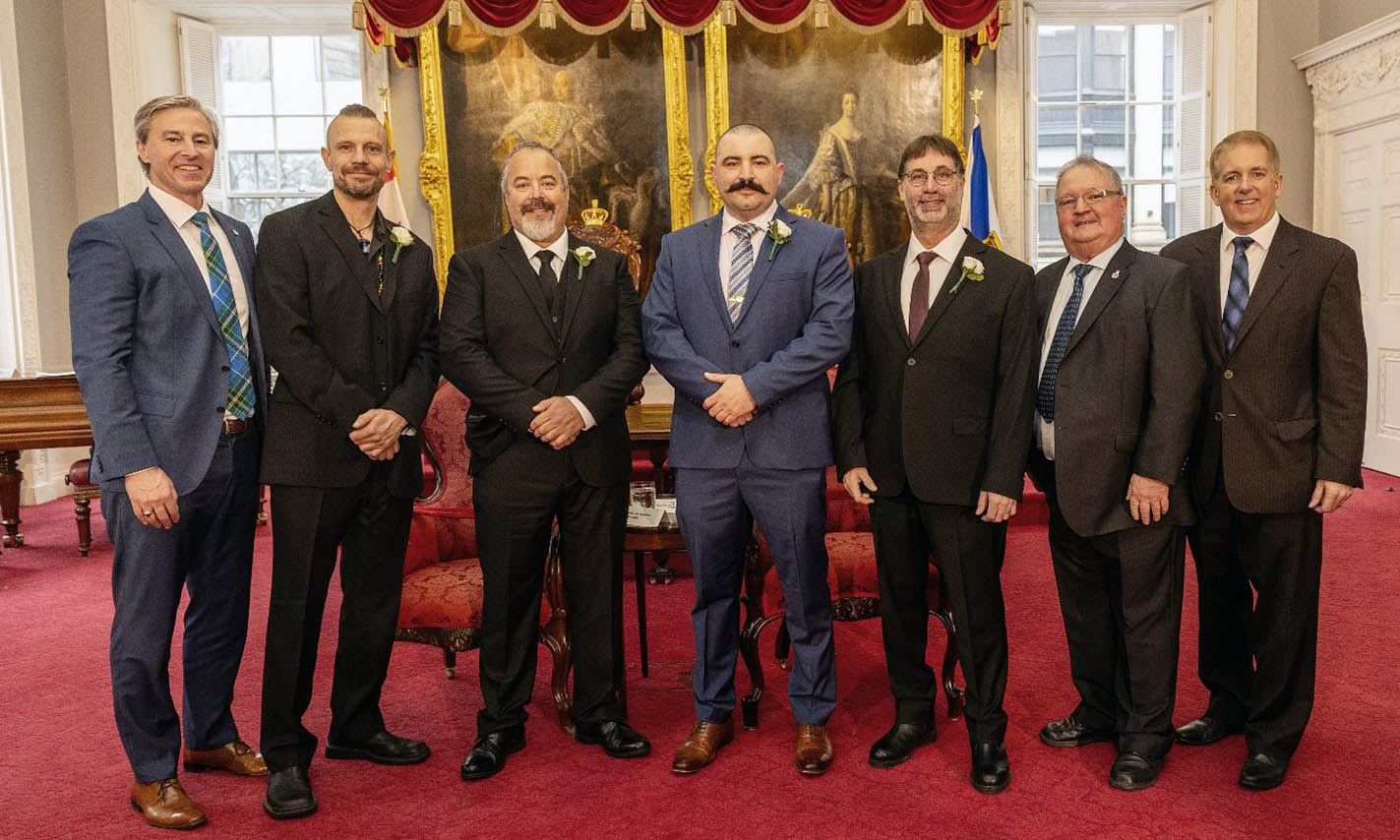 Premier Tim Houston, Attorney General and Justice Minister Barbara Adams and Mr. Tom Steele, Medal of Bravery Advisory Committee Chairperson congratulate the 2024 Nova Scotia Medal of Bravery Recipients.
