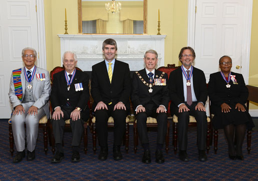 Left to Right: Walter Marven Borden; Richard Ballon Goldbloom; Premier Stephen McNeil; Lt.-Gov. J.J. Grant; Stanley Paul Kutcher; Wanda Thomas Bernard.