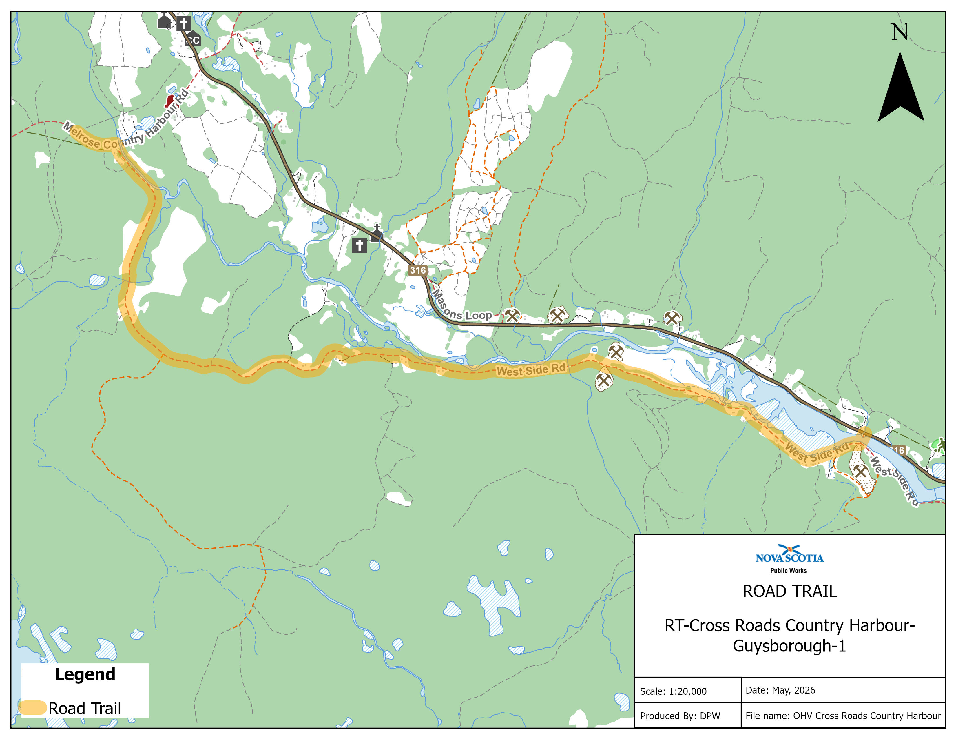 Graphic showing map of a road trail in Cross Roads Country Harbour