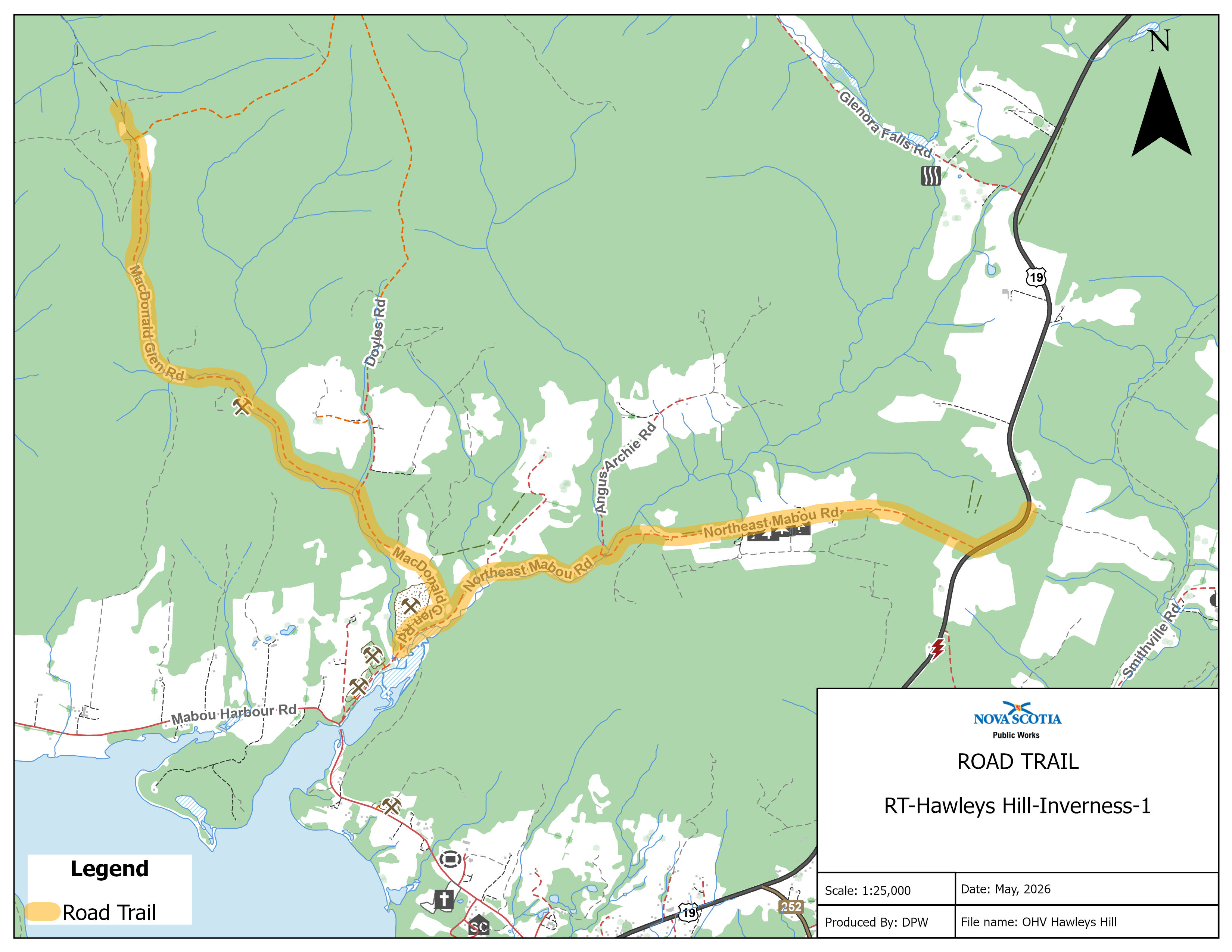 Graphic showing map of a road trail on Hawleys Hill