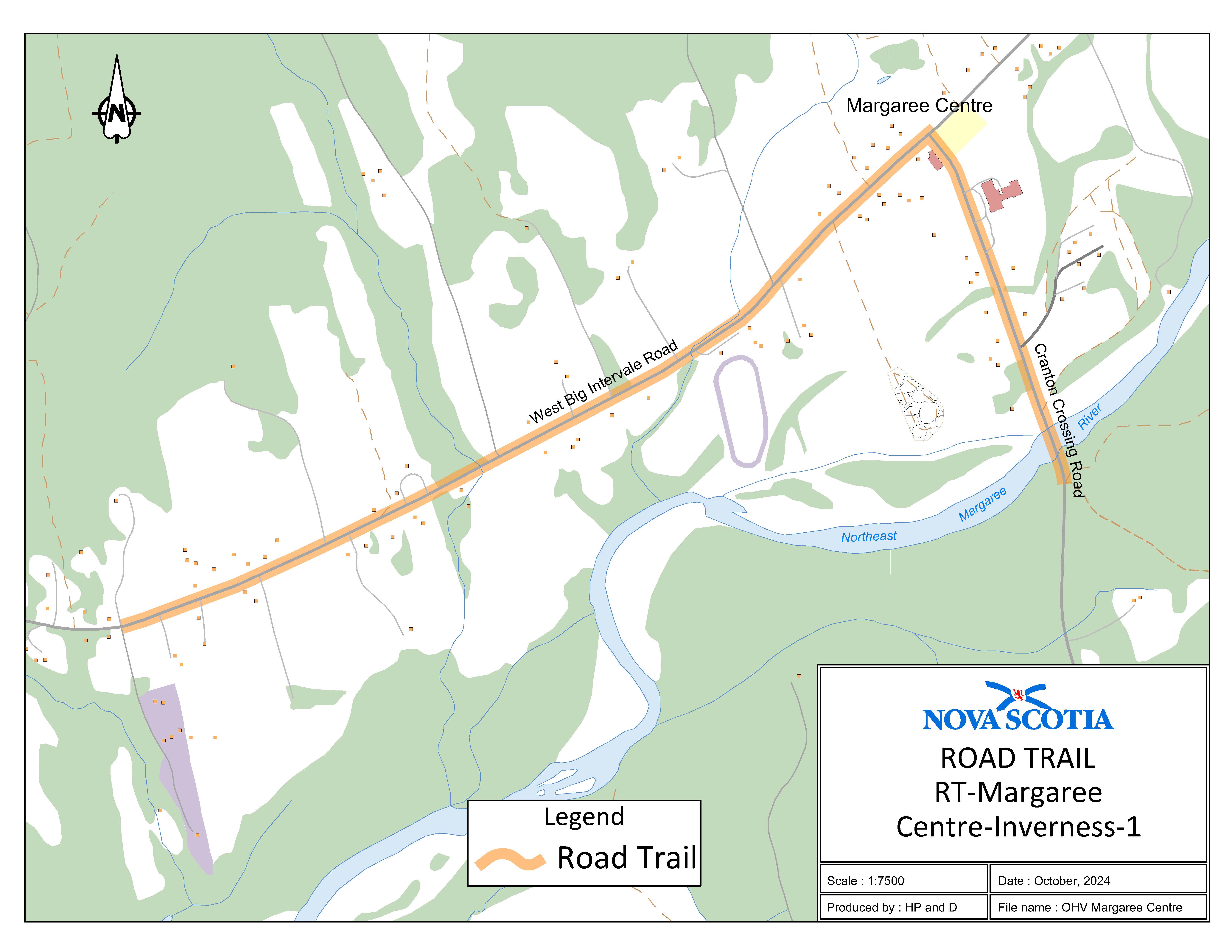 Graphic showing map of Margaree Centre, Inverness County Road Trail