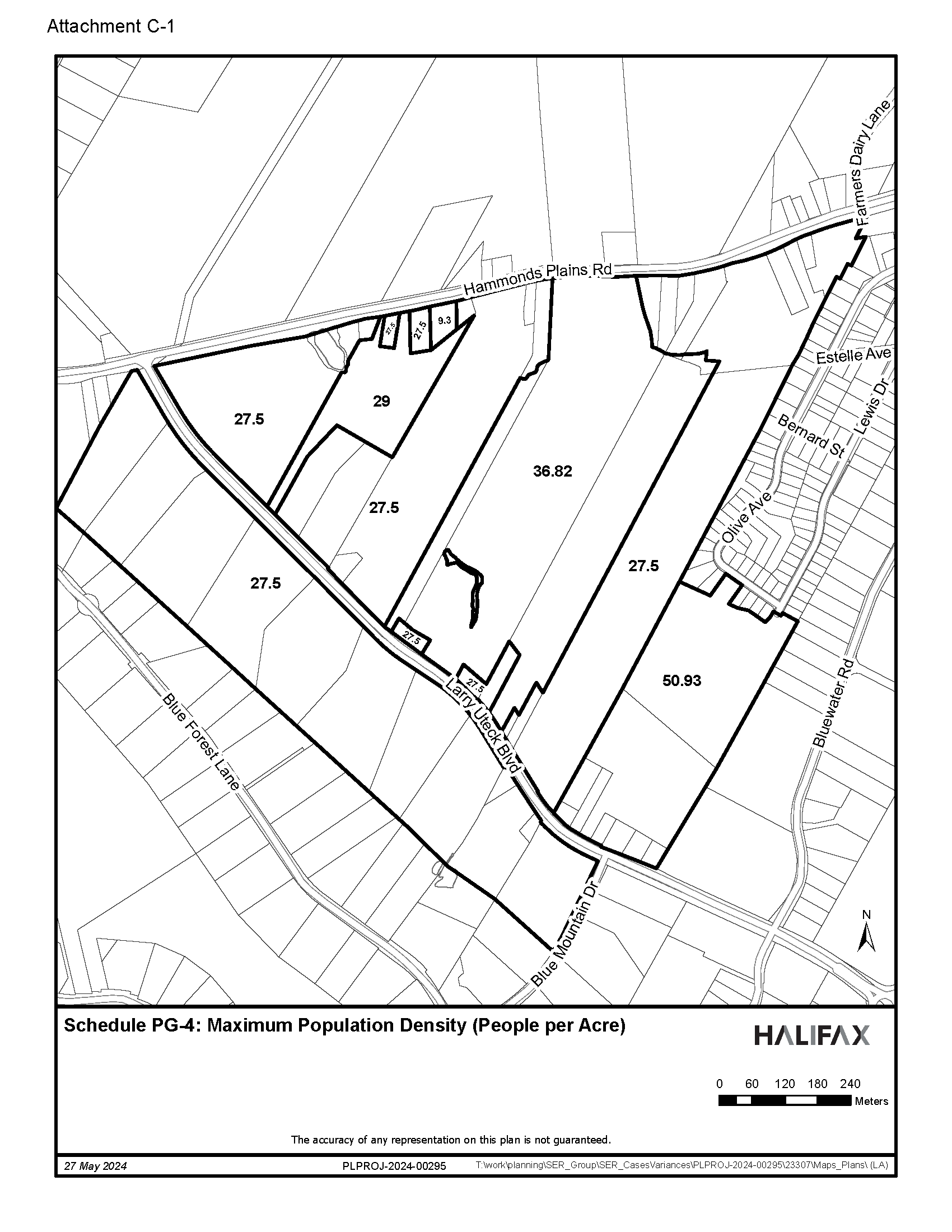 Graphic showing map of Maximum Population Density in Bedford West 1 and 12 Special Planning Area