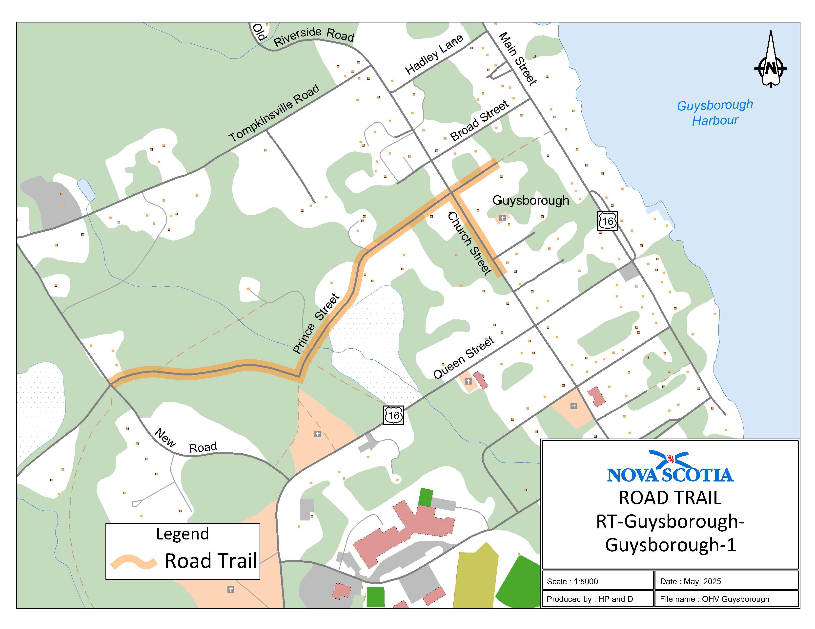 Graphic showing map of Guysborough, Guysborough County Road Trail