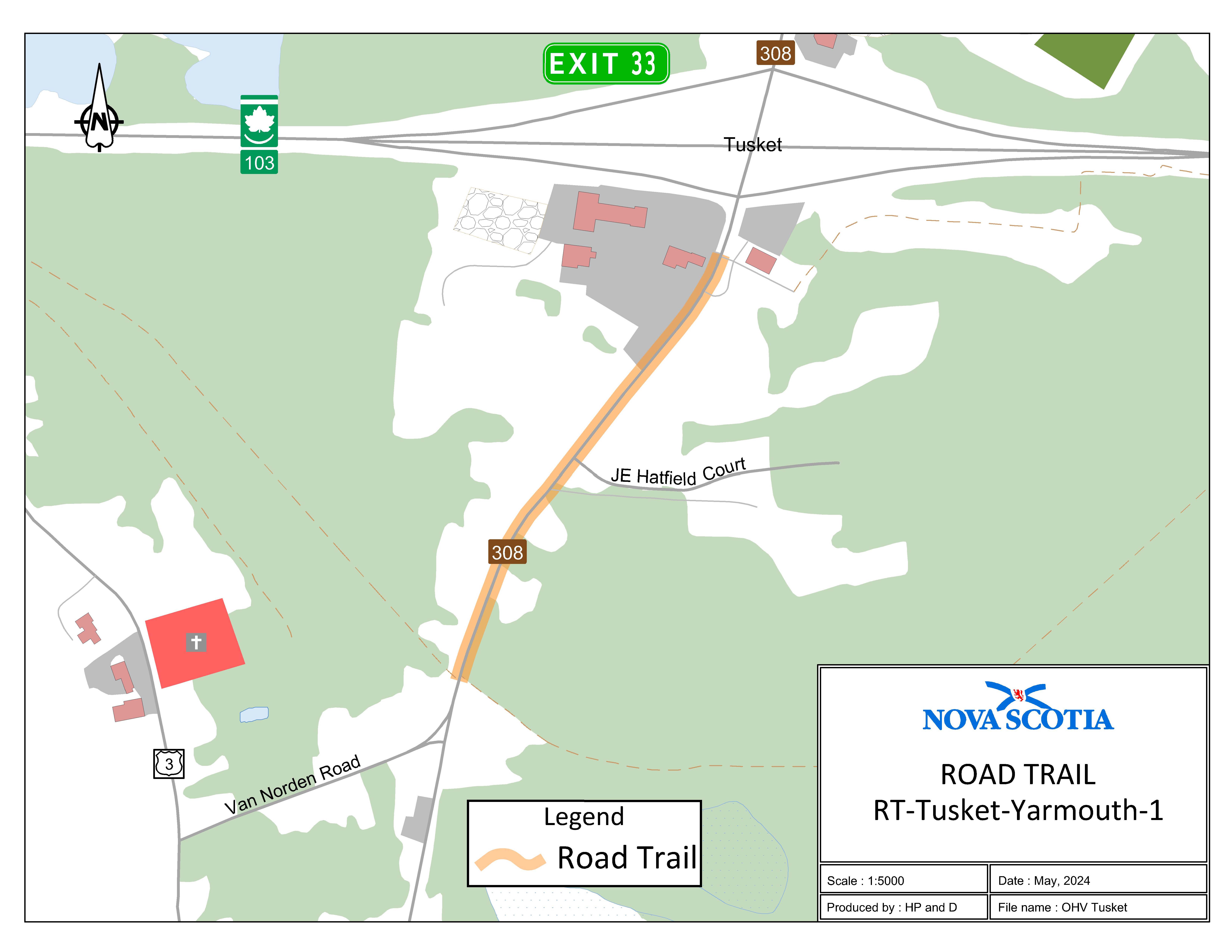 Graphic showing map of the Route 308 (Tusket, Yarmouth County) Road Trail