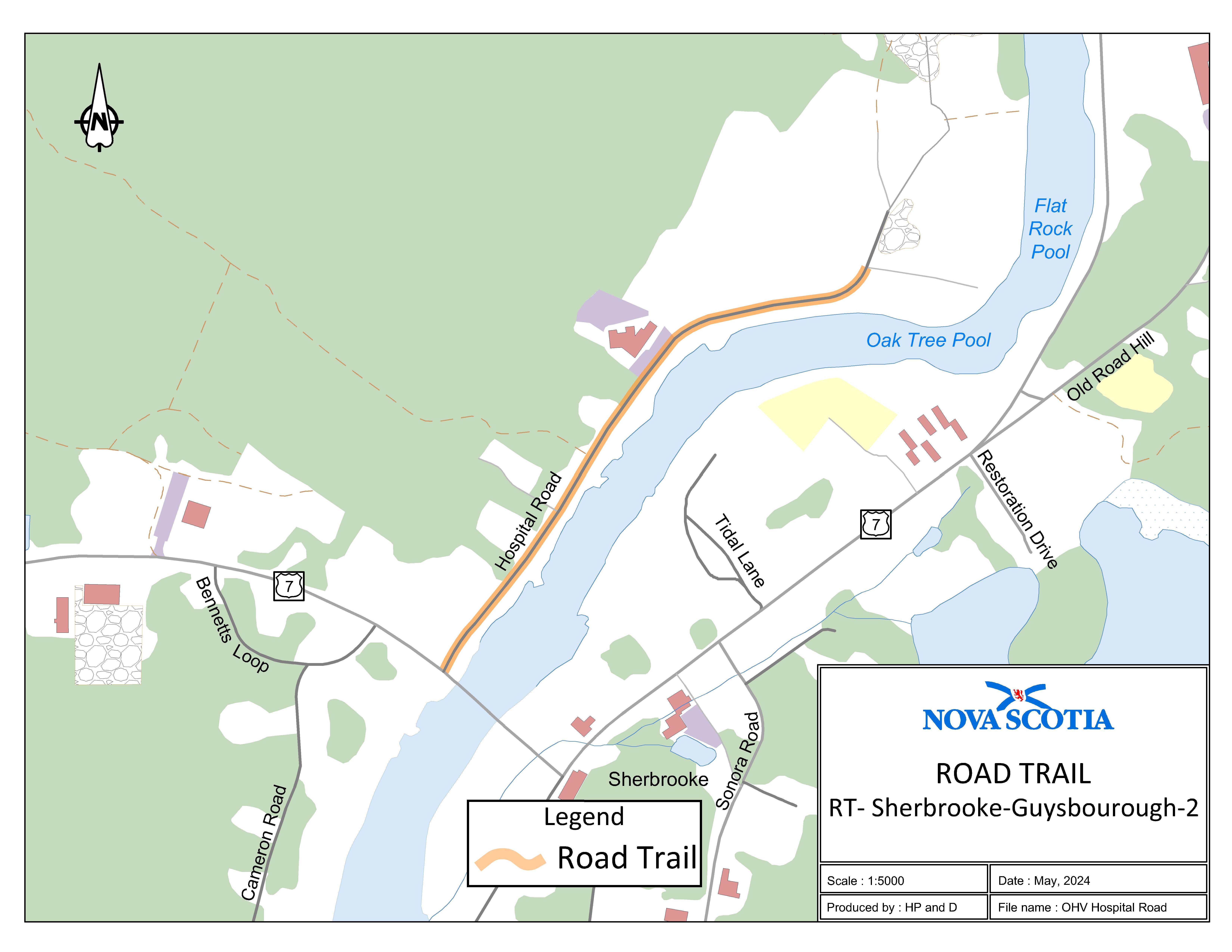 Graphic showing map of Hospital Road (Sherbrooke, Guysborough County) Road Trail