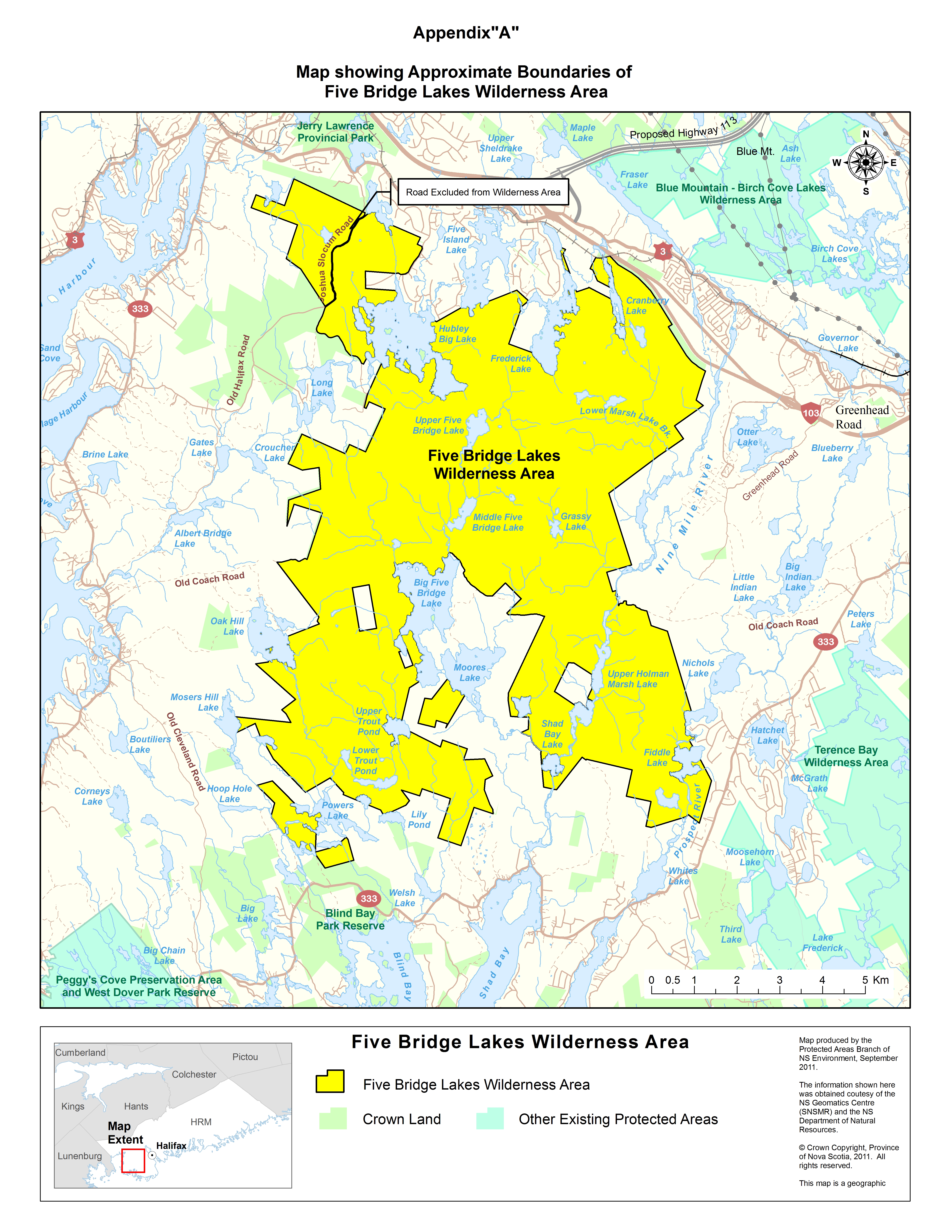 Map showing approximate boundaries of Five Bridge Lakes Wilderness Area