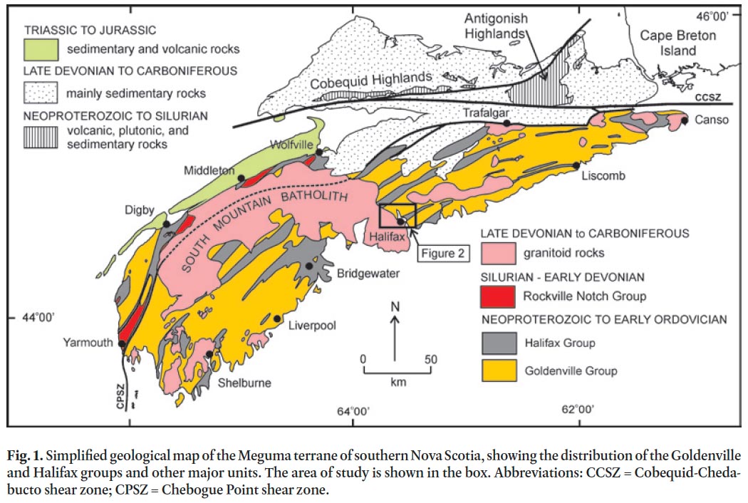 Simplified geological map of the Meguma terrane of southern Nova Scotia.