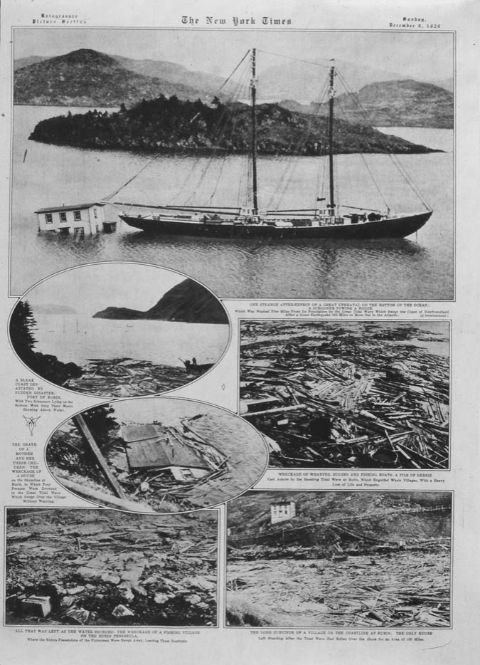Photographs taken of Newfoundland after a tsunami on November 19, 1929, and appearing in The New York Times of December 8, 1929.