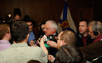 Environment Sterling Belliveau is scrummed by media after the water strategy announcement.