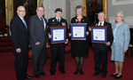 FROM LEFT: Justice Minister Ross Landry and Premier Darrell Dexter stand with Nova Scotia Medal of Bravery recipients  Winston Matheson of Enfield, Nancy McBay of Gasperaux and Samuel Adams of Hilden, Colchester Co., as well as former Nova Scotia Chief Justice Constance Glube, who chaired the advisory panel that selected the recipents.