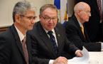 Premier Darrell Dexter, centre, with Rick Janega, president of Emera Newfoundland and Labrador (right) and John Harker, president, Cape Breton University. 