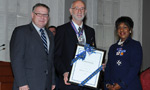Order of Nova Scotia recipient Sir Graham Day (centre) with Premier Darrell Dexter and Lt.-Gov. Mayann Francis.