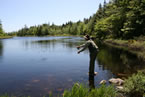A person fly fishes on Tittle Lake, Waverly-Salmon River-Long Lake wilderness area in HRM.