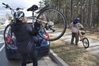 A mother and son prepare to bike in Bridgewater as part of a healthy communities program.