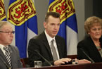 Commission chair Ray Ivany addresses the media during the press conference with Irene d’Entremont  and Premier Dexter.