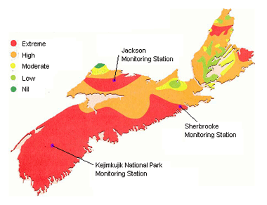 Map showing sensitivity of Nova Scotia egions to acidification