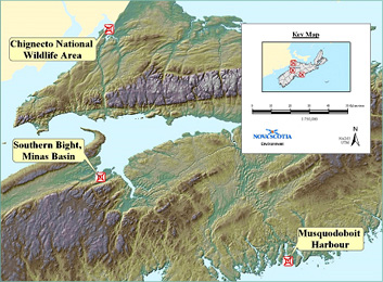 Locations of Ramsar Wetlands of International Importance in Nova Scotia