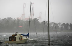 Boats strain at their moorings in advance of Hurricane Bill.