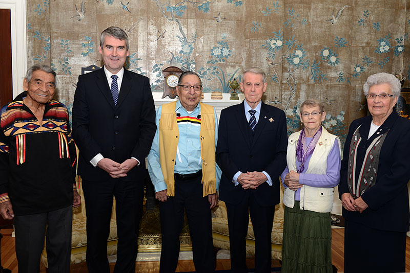 Elder Doug Knockwood, Premier Stephen McNeil, Grand Chief Ben Sylliboy, Lt. - Gov. J.J. Grant, Her Honour, Mrs. Joan Grant and Sister Dorothy Moore.