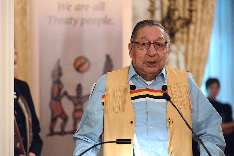 Grand Chief Ben Sylliboy of the Mi’kmaq Grand Council speaks during the ceremony.